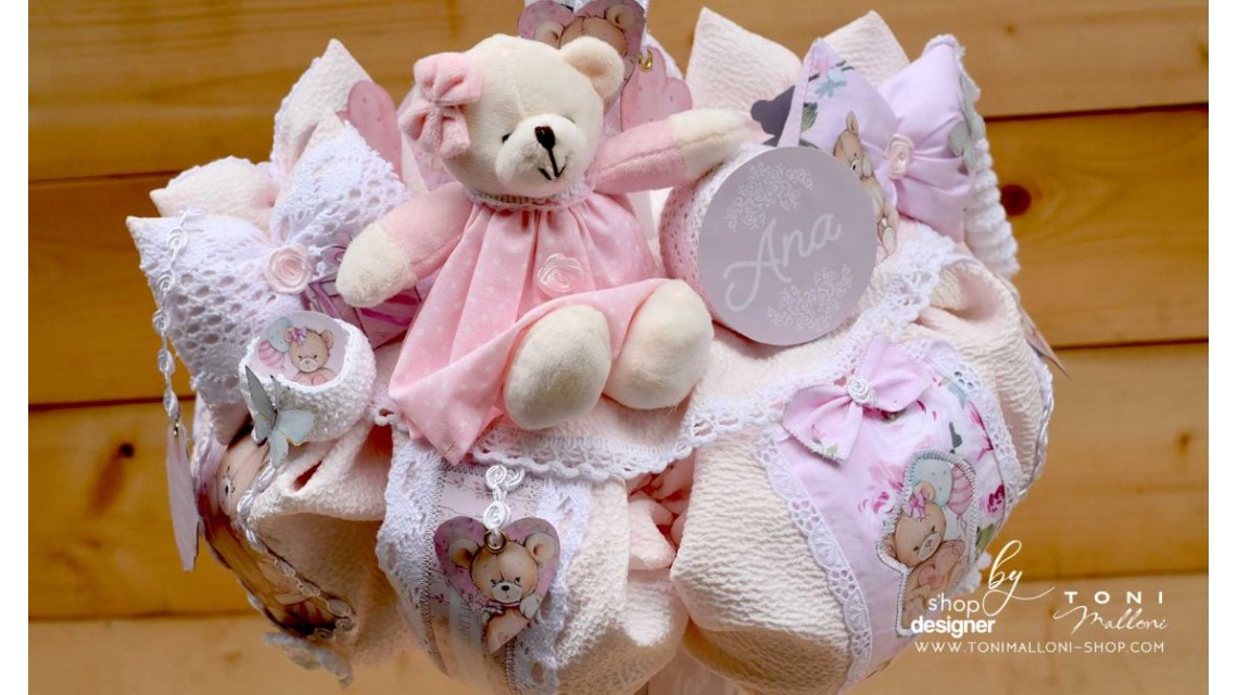 Lumanare de botez cu ursuleti roz, dantela roz si pattern floral cu trandafiri Teddy Bear Pink 16
